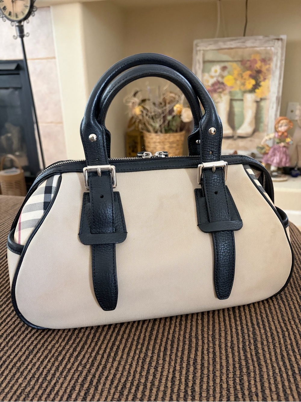 Burberry Nova Check Satchel Jacquard Leather Handbag Black Beige - Picture 1 of 16